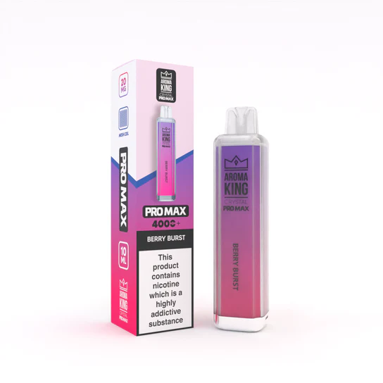 Aroma King Crystal Pro Max 4000+ disposable vape in pink and purple packaging with product box and device showing Berry Burst flavor