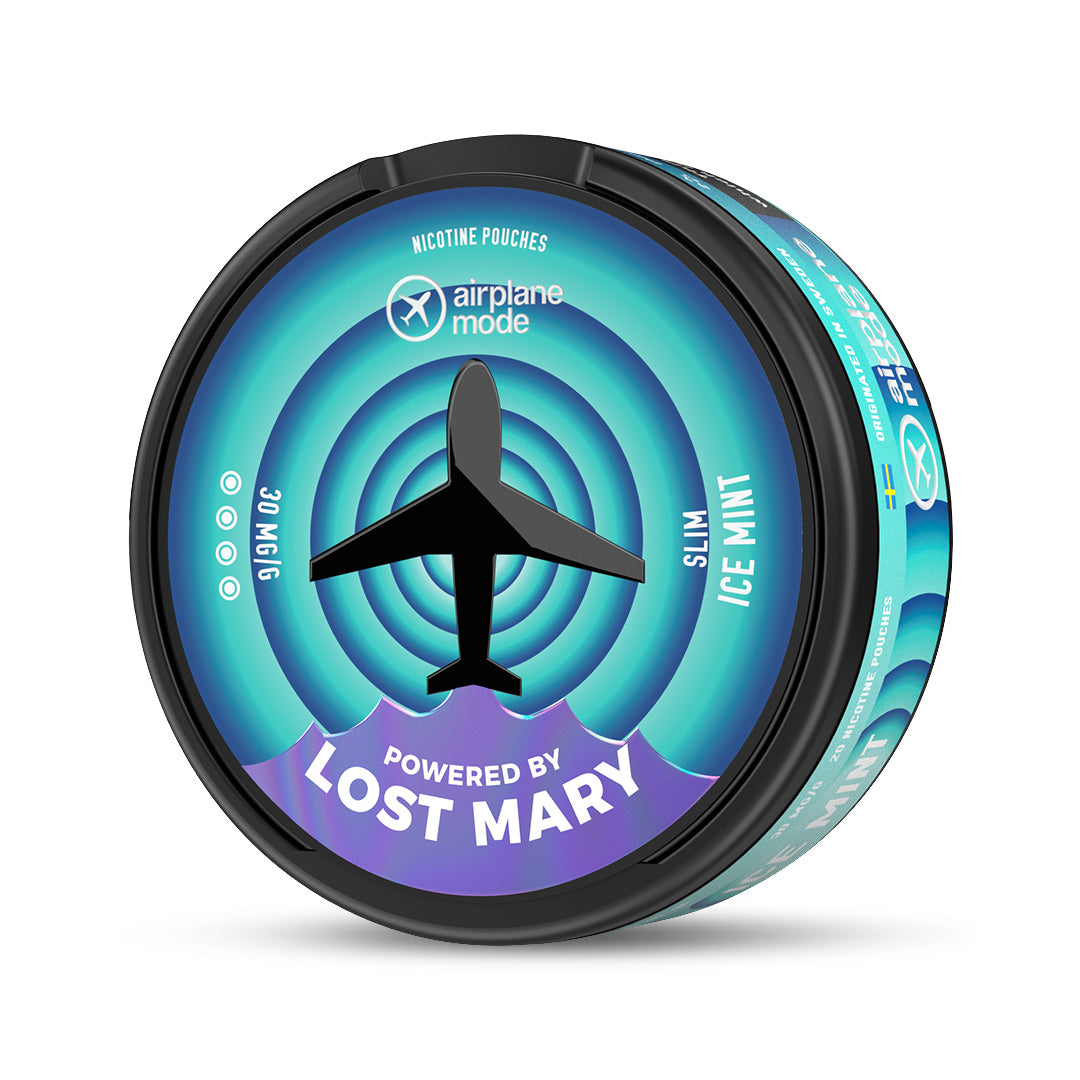 Airplane Mode Nic Pouches Singles tin featuring circular airplane design in turquoise and purple with Lost Mary branding