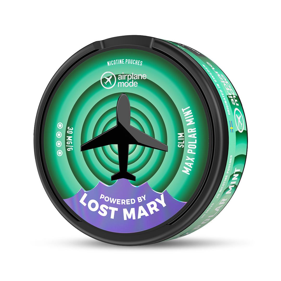 Airplane Mode Nic Pouches Singles tin featuring circular airplane design in turquoise and purple with Lost Mary branding