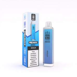 Aroma King Crystal Pro Max 4000+ disposable vape device in blue with retail packaging and nicotine warning label